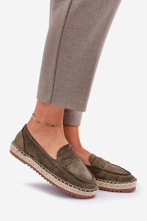 Womens espadrilles with jute weaving on flat sole dark green Shilova