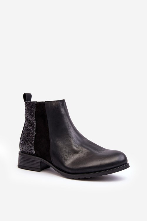 Women's Ankle Boots Flat Heel With Sequins Black Messio