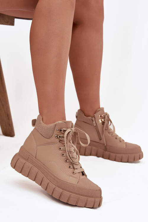 Botki Trapery Damskie Platforma Ocieplane Camel Carenna