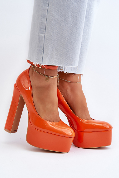 Orange Ninames Patent Leather Pumps on Chunky Platform and Heel