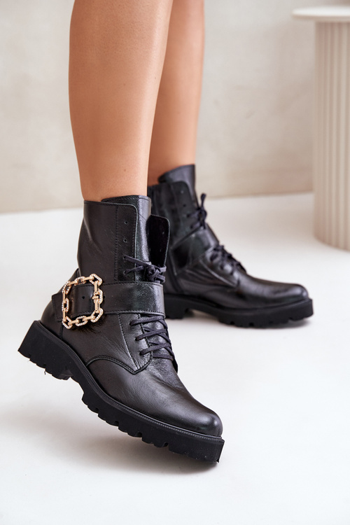 Lacquered Ankle Boots With Decorative Buckle Black Zazoo