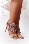Suede High Heel Sandals With Fringes Beige Boho Swing