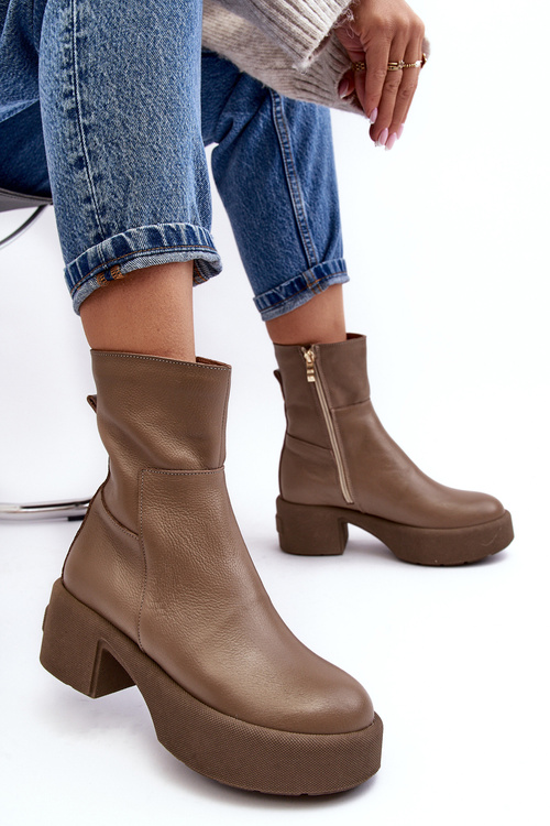 Leather Boots On Low Heel Dark Beige Lemar Volavola