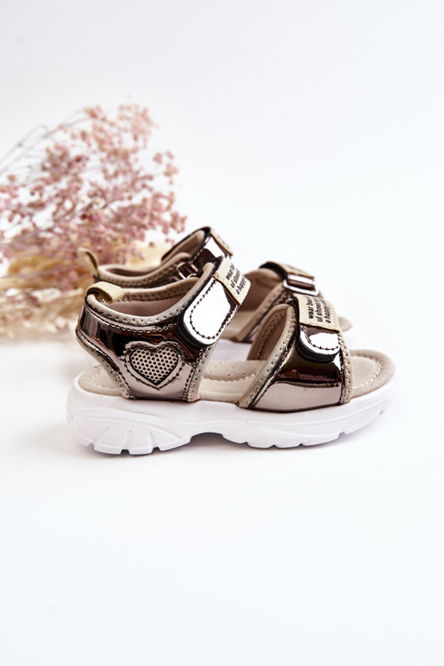 Leather Children's Sandals With Velcro Dark gold Amoss