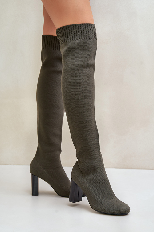 Kozaki Na Słupku Ze Skarpetkową Cholewką Za Kolano Ciemnozielone Esanira