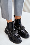 Leather Patent Ankle Boots With Decoration Slip On Warm Black Solimav
