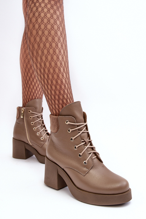 Leather Women's Heeled Ankle Boots Dark Beige Lemar Leocera