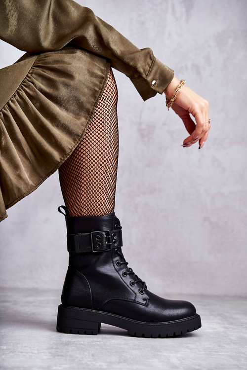 Women's Lace-up Flat Heel Boots Black Firmina