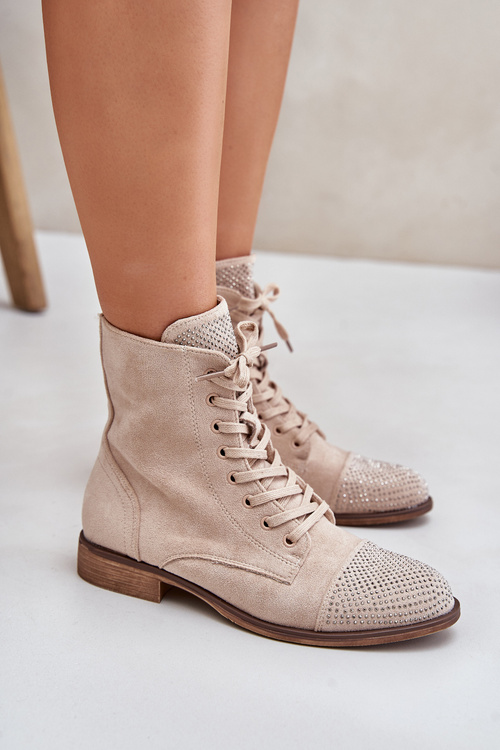 Decorated Flat Heel Boots Eco Suede Insulated Light Beige Ellieo