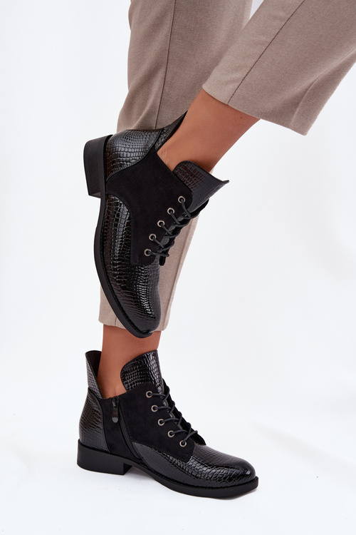 Patent Leather Women's Ankle Boots with Decorative Embossing Insulated Vinceza 16477 Black