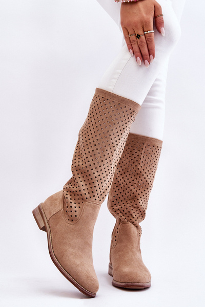 Women's Suede Openwork Over Knee Boots Beige Savannah