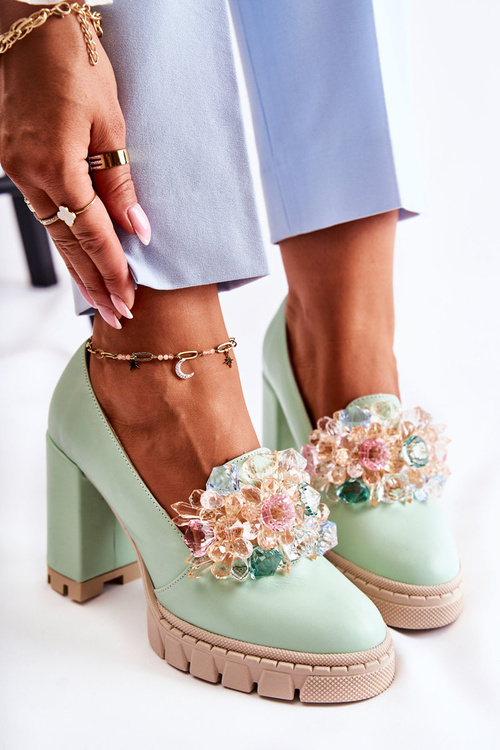 Elegant Pumps With Ornament Smooth Green Caterine
