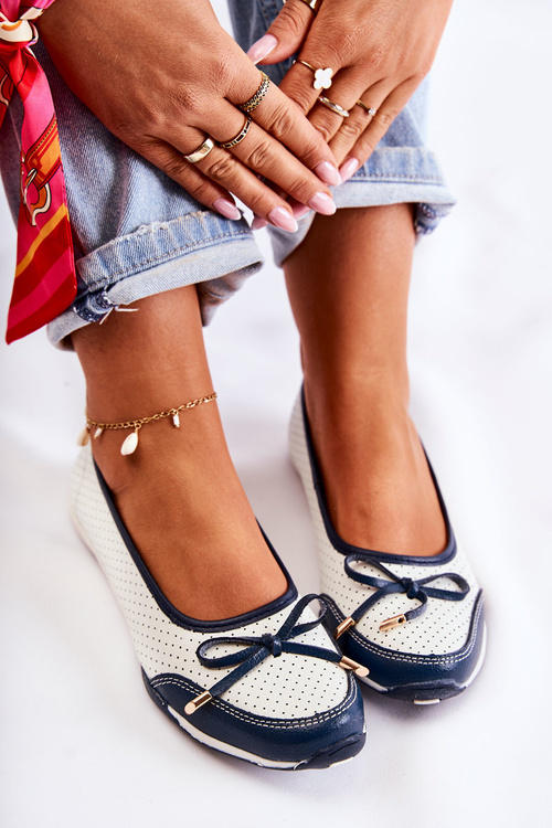 Erdola Openwork Leather Ballerinas White and Navy Blue