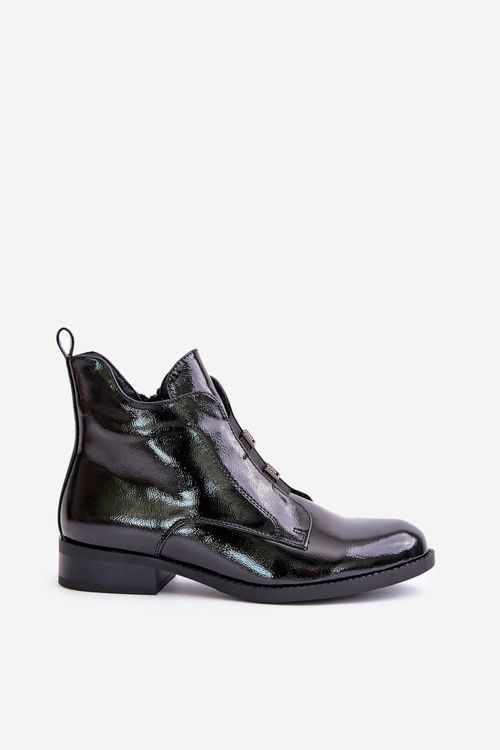 Lacquered Ankle Boots With Zipper Insulated Flat Heel S.Barski HY42-717 Black