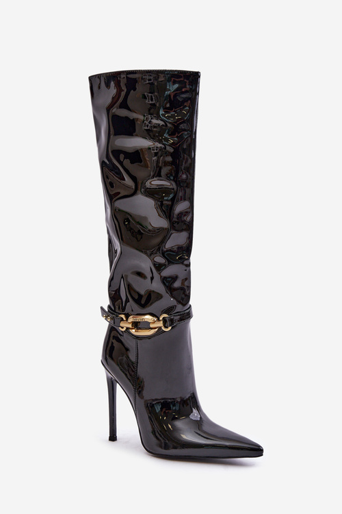 Lacquered Stiletto Boots With Golden Decoration Black Tistaria