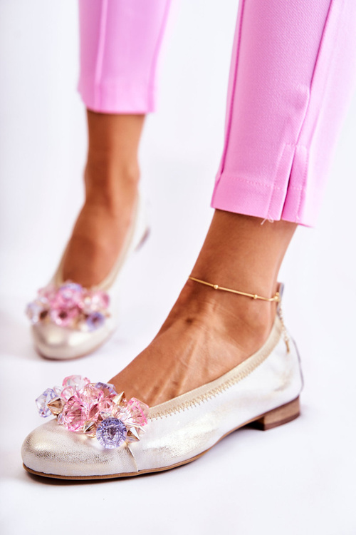 Zazoo 2749 Women's Leather Ballerina Flats with Crystals White-Gold