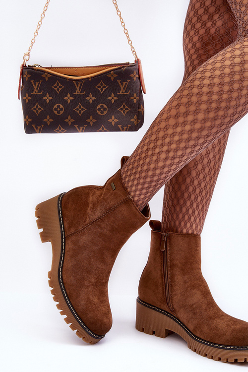 Suede Ankle Boots with Flat Heel and Fleece Lining Brown Neafgi