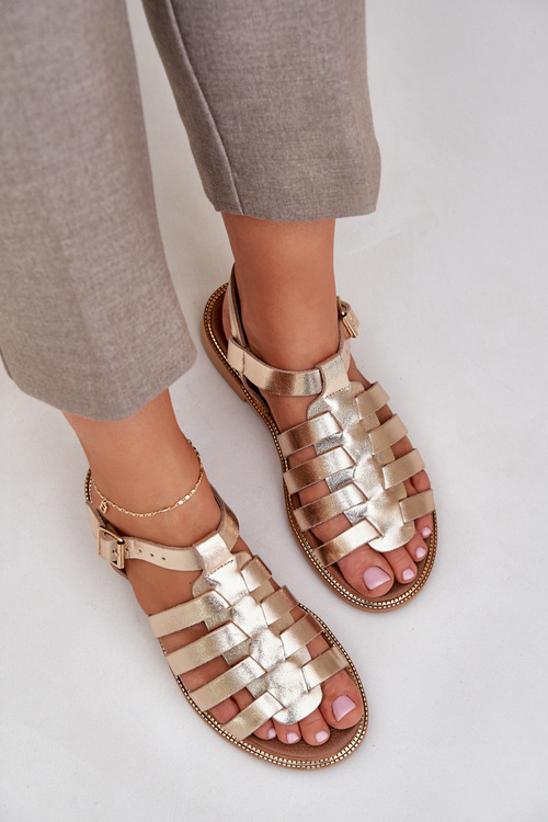 Sandały Płaski Obcas Skóra Naturalna Złote Zazoo 3686