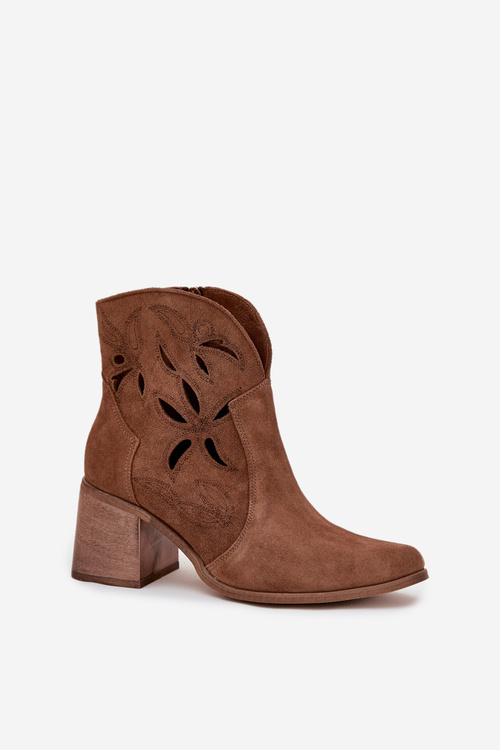 Women's Openwork Ankle Boots Made of Natural Suede on Heel Zazoo 3690 Brown