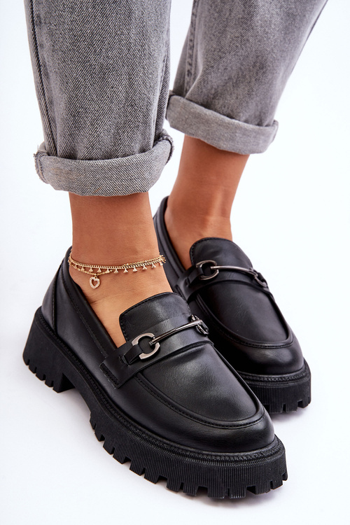 Women's Leather Moccasins on Platform Black Detes