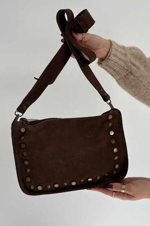 Leather Suede Bag Decorated with Rhinestones Chocolate Savra