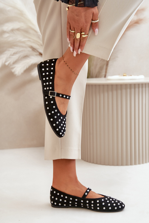 Decorated Ballerinas With Strap Eco Suede Black Tirilissa