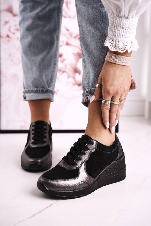 Women’s Leather Wedge Sneakers Black Silver Roxette