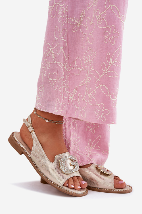 Sandały Damskie Z Eko Skóry Ozdobny Detal Płaski Obcas Złote S.Barski KV51-081