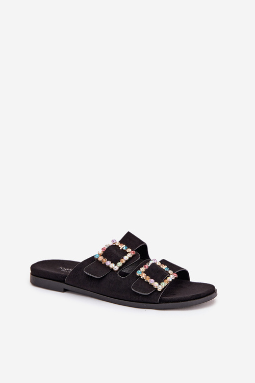 Slides With Buckles On Flat Heel Black Tovira