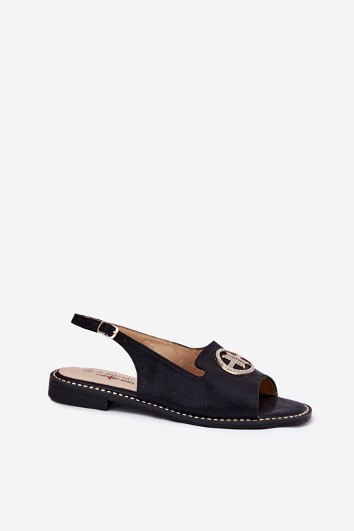 Damskie Sandały Płaskie Z Ozdobą Eko Skóra Czarne S.Barski KV51-002