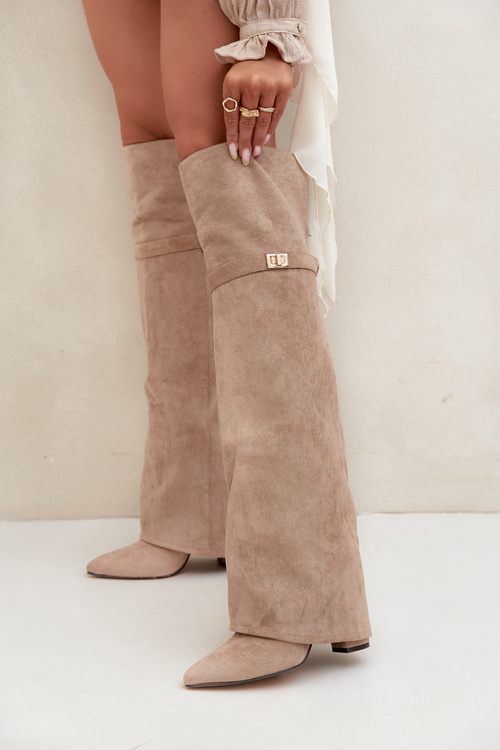 Insulated boots with rolled-up shaft over the knee heel block beige Serelle