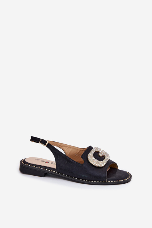 Sandały Damskie Z Eko Skóry Ozdobny Detal Płaski Obcas Czarne S.Barski KV51-081