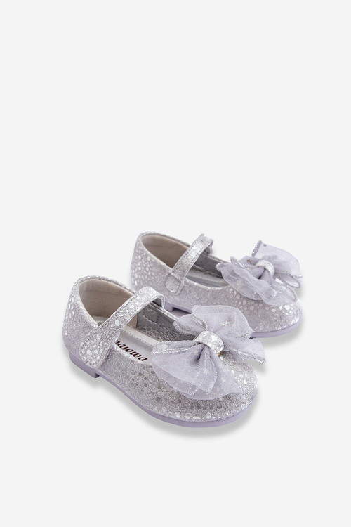 Balerinki Dziecięce Kokarda Brokat Rzep Srebrno-Szare Elisa