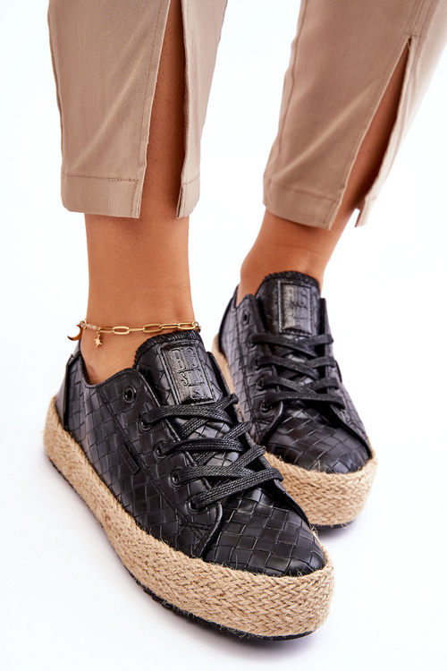 Espadryle Skórzane Pleciona Platforma Czarne Big Star JJ274396