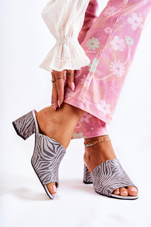 Leather Women's Slippers On High Heel Zebra Grey Nessita