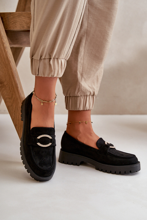 Women's eco suede moccasins with shiny detail black Avellina