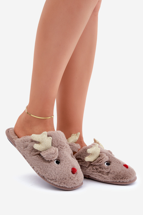 Christmas Slippers With Reindeer Design Furry Dark Beige Asielle