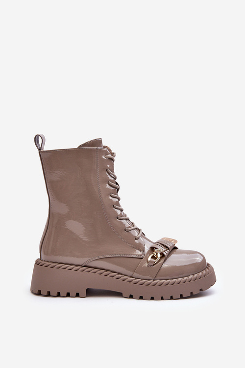 Botki Workery Lakierowane Damskie Ozdoba S.Barski MR870-67 Beżowe