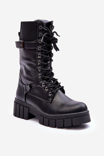 Skórzane Damskie Wysokie Botki Workery Czarne