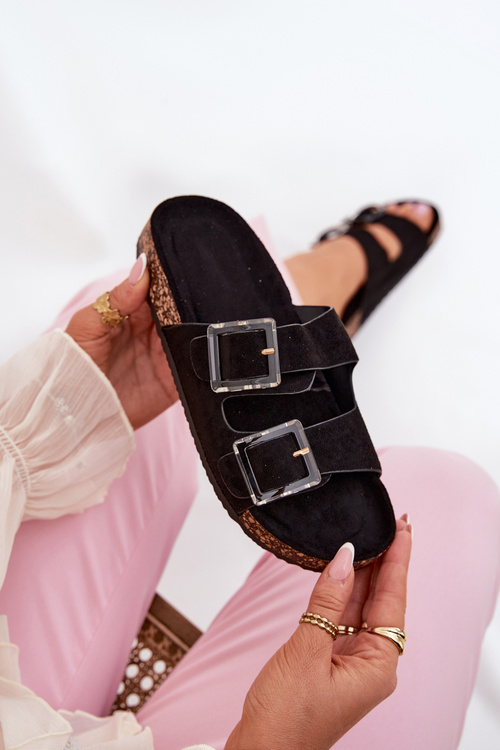 Women's Sandals With Buckles On Cork Sole Black Sercele