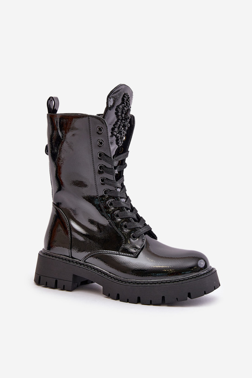 Lacquered Insulated Work Boots With Decoration Black Kelilea