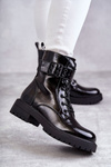 Women's Lace-up Laquered Flat Heel Boots Black Firmina