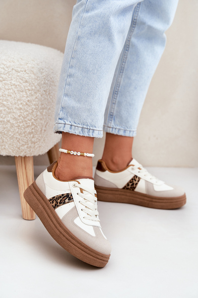 Stylowe Sneakersy Na Platformie Damskie Panterka Beżowe Lincidi