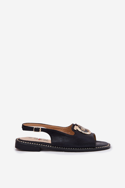 Elegant Sandals With Decoration On Flat Heel S.Barski KV51-003 Black