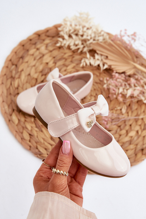 Children's Patent Leather Ballerina Flats with Velcro Bow Pink Kitty