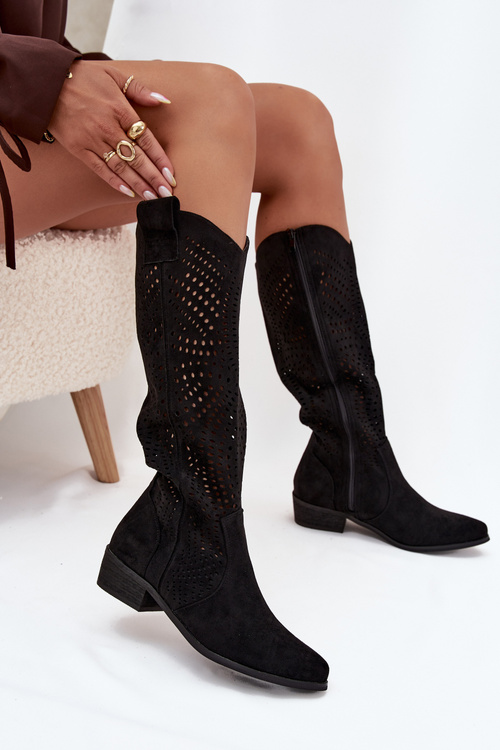 Openwork Women's Knee-High Block Heeled Boots Black Fioris