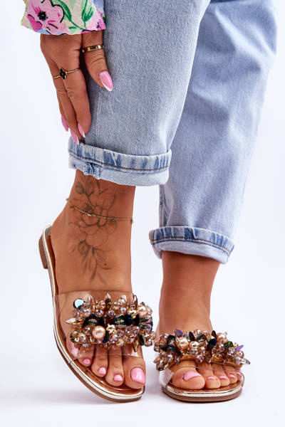 Women's Slippers With Decorative Stones S.Barski KV-576-3 Gold