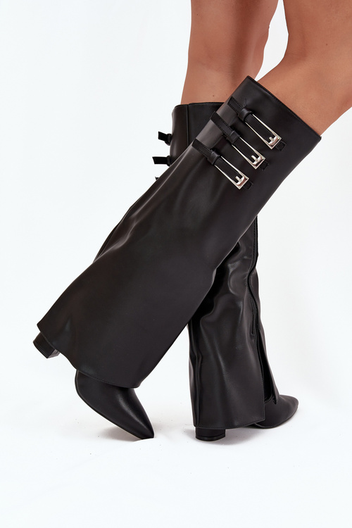 Women's Ankle Boots On Heels Turned Shaft Straps With Buckles Black Nirisa