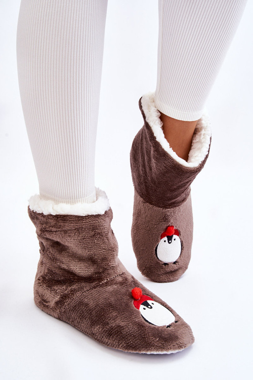 Papcie Damskie Wsuwane Ocieplane Pingwiny Ciemnoszare