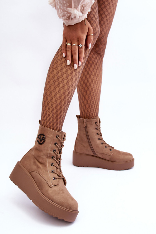 Suede Boots on Massive Platform Wedge Heel Beige Lavica